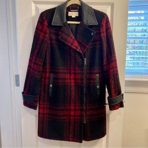 Chic Red & Black Plaid Coat with Faux Leather Trim